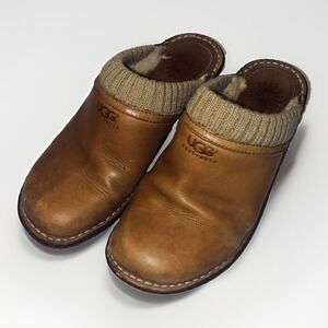 UGG Gael Leather Mule Clogs Womens 7 Tan Slip On Casual Comfort Shearling Lined
